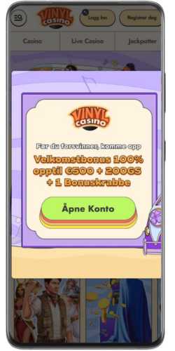 Velkomstbonus hos Vinyl Casino på mobil med knapp for å åpne konto