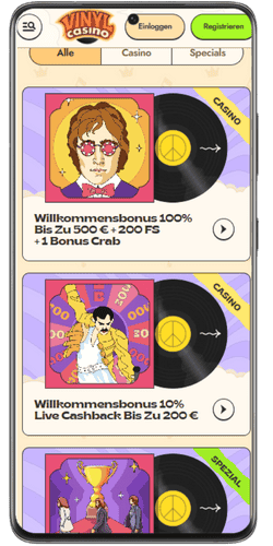 Boni und Werbeangebote sind in der mobilen Version von Vinyl Casino aktiv.