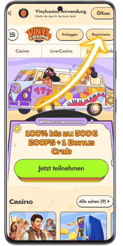 Registrierungsbutton auf der mobilen Website von Vinyl Casino