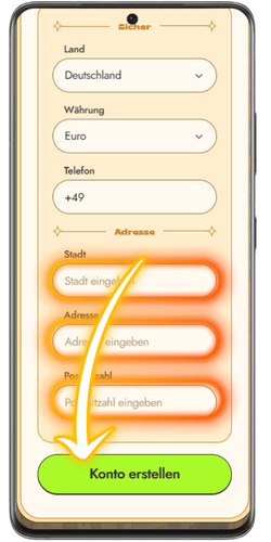 Datenprüfung und Währungsauswahl im Anmeldeformular bei Vinyl Casino
