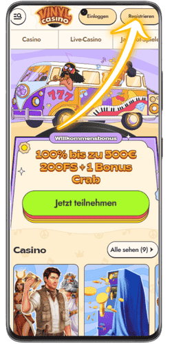 Registrieren Sie sich im Vinyl Casino über Ihr Mobilgerät mit dem obenstehenden Button „Registrieren“.
