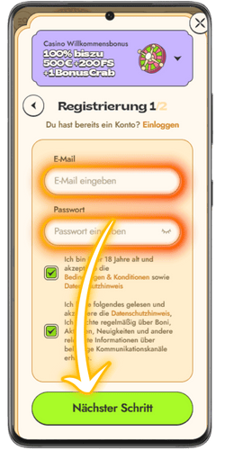 Füllen Sie das Vinyl Casino-Registrierungsformular auf einem Smartphone aus.