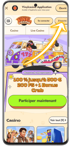 Bouton d'inscription sur le site mobile de Vinyl Casino