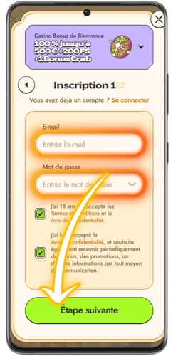 Remplir le formulaire d'inscription sur Vinyl Casino via mobile
