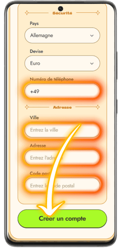 Vérification des données et sélection de la devise dans le formulaire d'inscription du Vinyl Casino