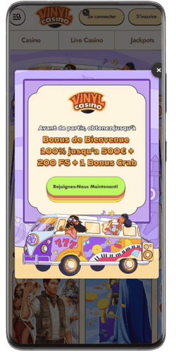 Bonus de bienvenue dans la version mobile de Vinyl Casino avec un bouton d'ouverture de compte