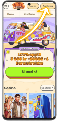 Registrering hos Vinyl Casino på mobil med Registrer deg-knapp øverst