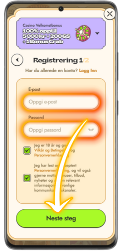 Utfylling av registreringsskjema hos Vinyl Casino på smarttelefon