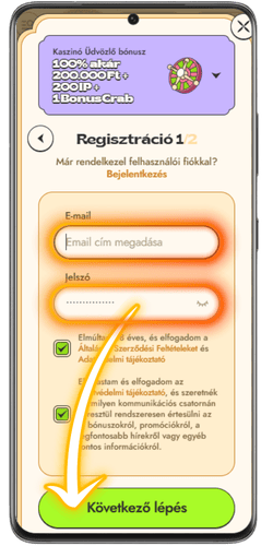 Regisztrációs űrlap kitöltése a Vinyl Casino mobilon