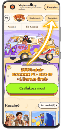Regisztrálj a Vinyl Casino-ban mobilon a felső Regisztráció gombbal