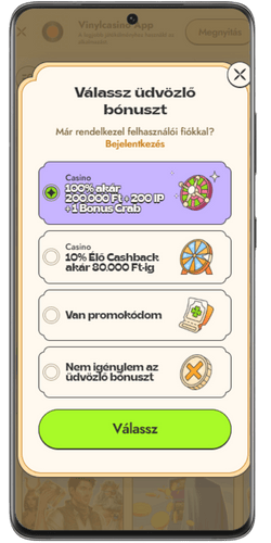 Üdvözlő bónusz kiválasztása a Vinyl Casino-ban az első befizetés előtt