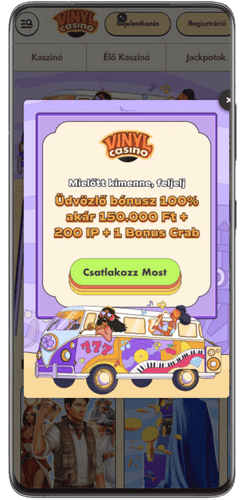 Üdvözlő bónusz a Vinyl Casino mobilos verziójában, számlanyitási gombbal