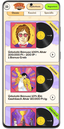 Aktív bónuszok és promóciós ajánlatok a Vinyl Casino mobilos verziójában