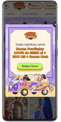 Bonus powitalny w wersji mobilnej Vinyl Casino z przyciskiem otwierania konta