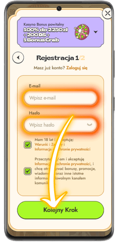 Wypełnianie formularza rejestracyjnego w kasynie Vinyl na urządzeniu mobilnym