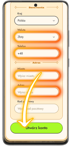 Weryfikacja danych i wybór waluty w formularzu rejestracyjnym w Vinyl Casino
