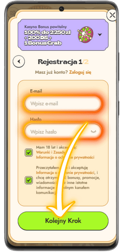 Wypełnij formularz rejestracyjny Vinyl Casino na smartfonie.