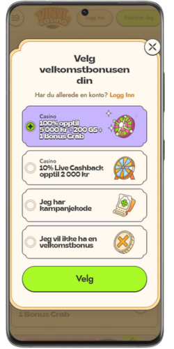 Valg av velkomstbonus hos Vinyl Casino før innskudd