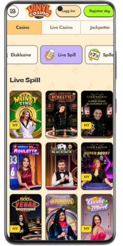 Live casino-spill hos Vinyl Casino på mobil med roulette og blackjack