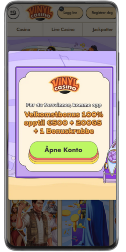 Velkomstbonus hos Vinyl Casino på mobil med knapp for å åpne konto
