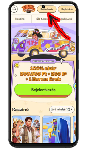 Vinyl Casino A kezdőlapon keresd meg a bejelentkezés gombot a jobb felső sarokban