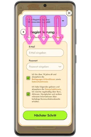 Geben Sie E-Mail und Passwort für Vinyl Casino Registrierung ein