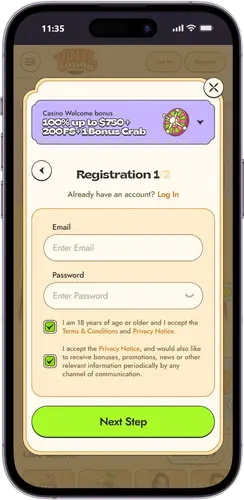 Vinyl Casino mobile menu registration screenshot