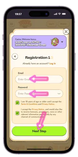 Create login details Vinyl Casino