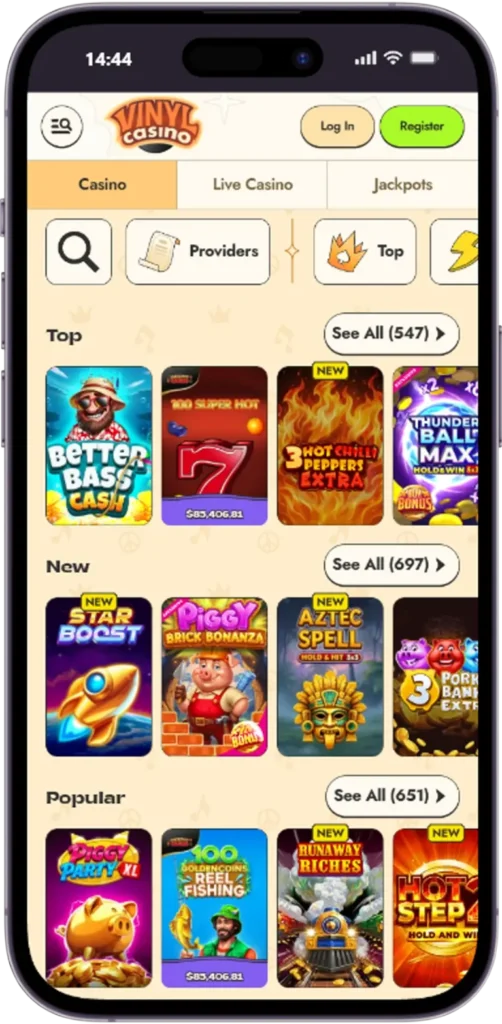 Popular slot games in the Vinyl Casino lobby with top categories
