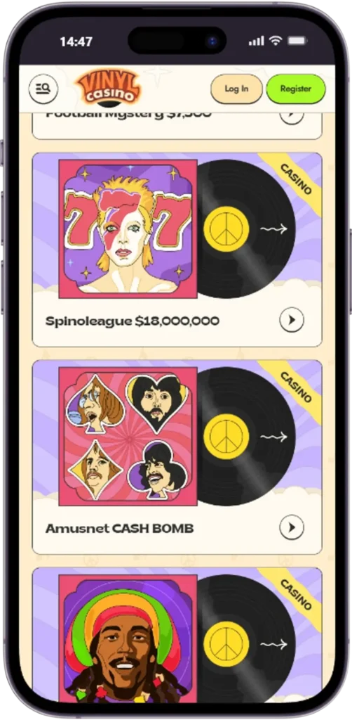 Vinyl Casino promotions page with bonuses and tournaments