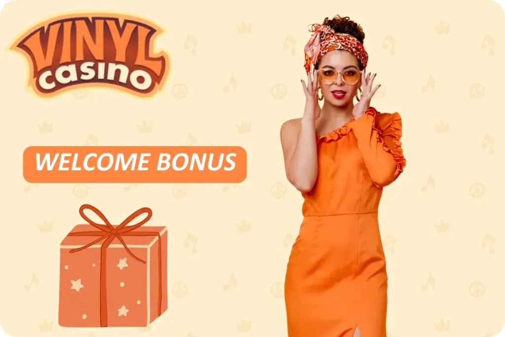Vinyl Casino welcome bonus banner with gift and registration offer