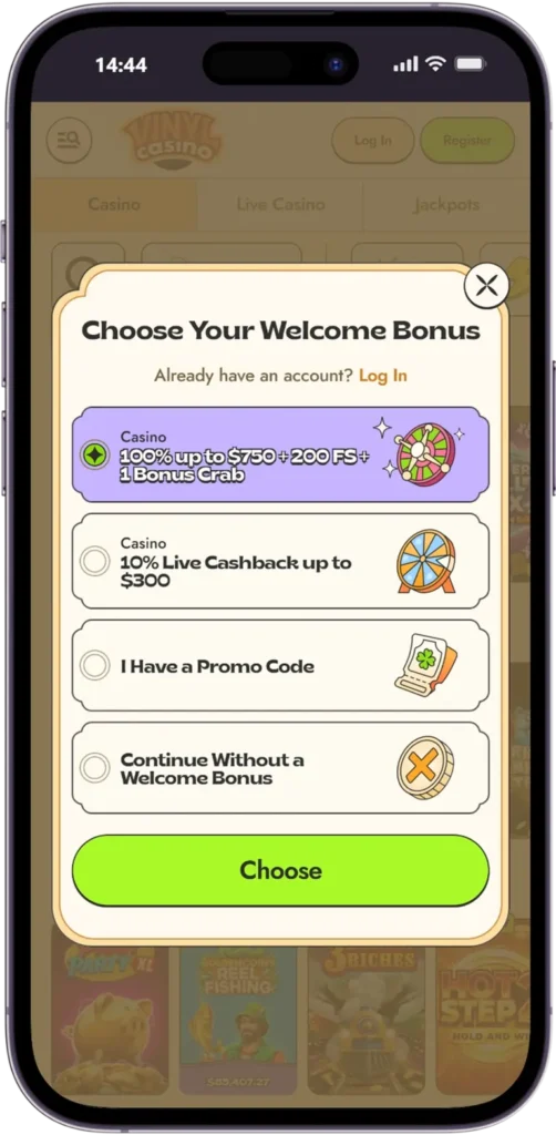 Vinyl Casino welcome bonus selection during registration with bonus options