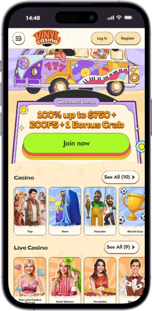 Vinyl Casino welcome offer with 100 percent bonus and free spins